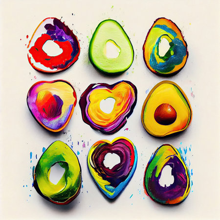 Set go isolated colorful avocados on white background. Rainbow gradient colors. Generative AI.の素材