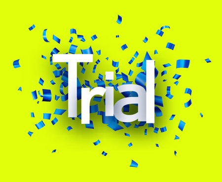 Trial sign over blue cut out foil ribbon confetti on green background. Design element. Vector illustration.のイラスト素材