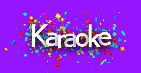 Karaoke sign over colorful cut out ribbon confetti background. Design element. Vector illustration.のイラスト素材
