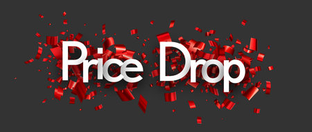 Price drop sign with red cut out foil ribbon confetti on black background. Design element. Vector illustration.のイラスト素材