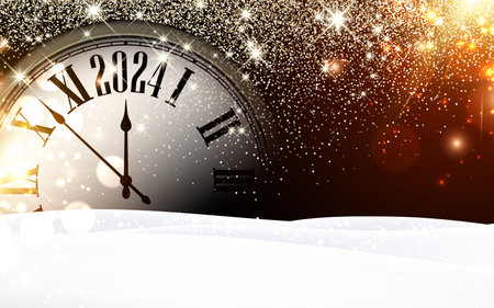 New Year 2024 countdown clock over golden sand on black background with snow. Vector illustration.のイラスト素材