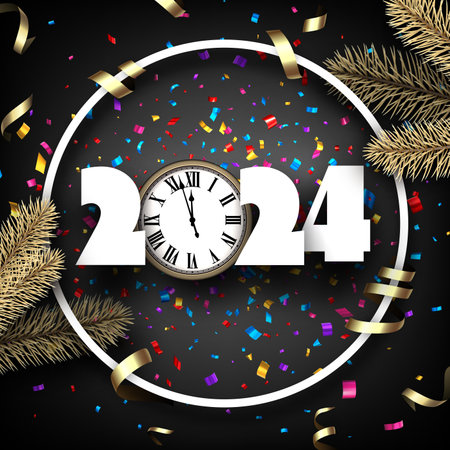 Happy new year 2024. White paper numbers with frame and golden fir branches and colourful confetti on black background. Vector illustration.のイラスト素材