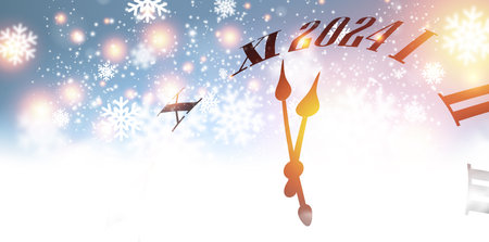 New Year 2024 countdown clock over silver background with sparkles and defocused snowflakes. Vector illustration.のイラスト素材