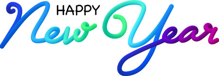 Happy new year fluid text with dynamic curved lines made of blended colorful circles. Vector illustration.のイラスト素材