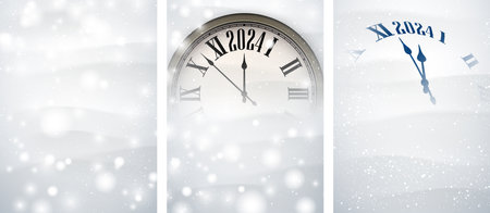 New Year 2024 countdown clock over light background with snow. Set of cards. Vector illustration.のイラスト素材