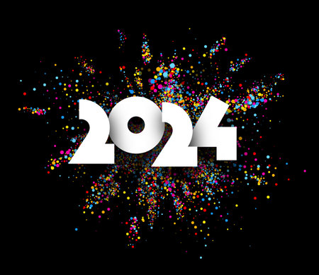 2024 New Year white paper word banner on colourful glitter powder explosion. Color dust splash. Powdered vector background.のイラスト素材