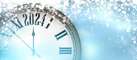 Happy new year 2024 countdown clock on blue abstract glittering background with blurred snow. Vector...