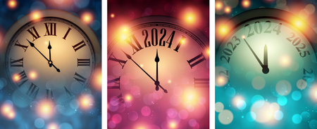 New Year 2024 countdown orange clock over blue, purple backgrounds with defocused lights. Set of vertical banners. Vector illustration.のイラスト素材