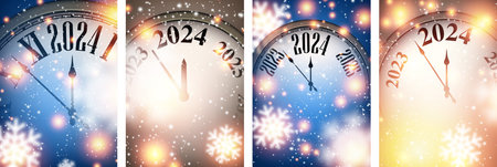 Happy new year 2024 countdown clock on golden and blue abstract glittering background with blurred...