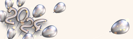 Happy New 2024 year. Silver foil shiny helium balloon numbers on light background. Realistic 3d sign for festive poster. Vector illustration.のイラスト素材