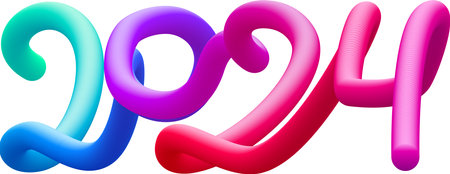2024 fluid text with dynamic curved lines made of blended colorful circles. Vector illustration.