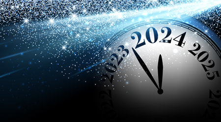 New Year 2024 countdown clock over blue lights with sunbeams on black background. Vector illustration.のイラスト素材