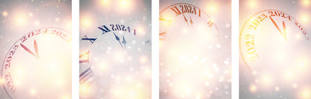 Happy new year 2024 countdown clock on silver abstract glittering background with blurred sparkles and lights. Set of cards. Vector illustration.のイラスト素材