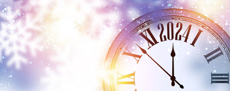 New Year 2024 countdown clock over silver background with lights and defocused snowflakes. Vector illustration.のイラスト素材