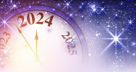 New Year 2024 countdown clock with purple stars and lights. Vector illustration.