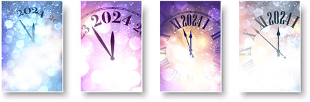 Happy new year 2024 countdown clock on purple and blue abstract glittering background with blurred sparkles and lights. Set of cards. Vector illustration.のイラスト素材