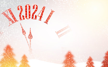 New Year 2024 countdown rede clock over white background with lights and Christmas trees. Vector illustration.のイラスト素材