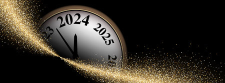Black and gold shiny 2024 New Year banner with blurred round clock and golden sand. Vector...