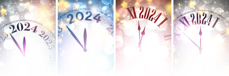 Happy new year 2024 countdown clock on golden and blue abstract glittering background with blurred sparkles and lights. Set of cards. Vector illustration.のイラスト素材