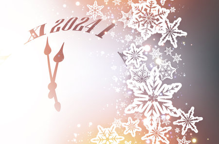 New Year 2024 countdown clock on beautiful silver background with paper snowflakes and lights. Vector illustration.のイラスト素材