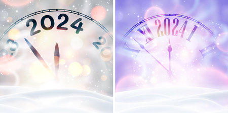 New Year 2024 countdown clock over purple snowy background with blurred lights. Vector illustration.のイラスト素材