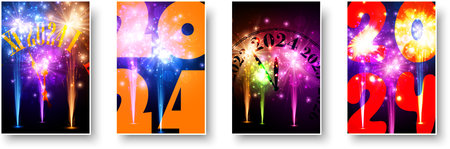 New Year 2024 countdown clock on beautiful orange, green and blue fireworks display lights up the sky during night time celebration. Set of cards. Vector illustration.のイラスト素材