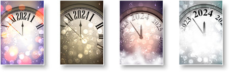 New Year 2024 countdown clock over background with glisters and defocused lights. Vertical purple and golden banners. Vector illustration.のイラスト素材
