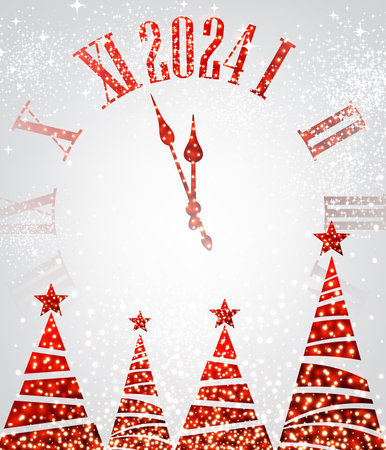 New Year 2024 countdown rede clock over white background with lights and Christmas trees. Vector illustration.のイラスト素材