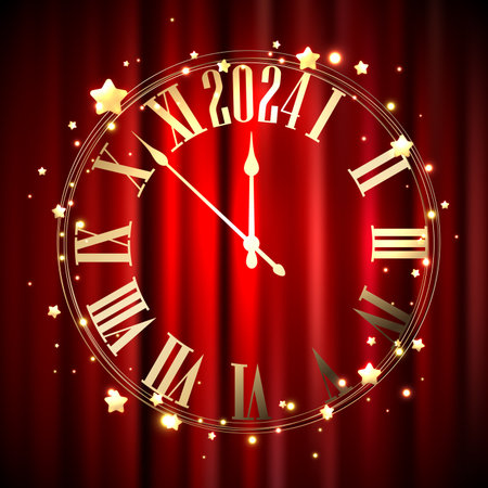 New Year 2024 countdown golden clock with golden stars over red satin background. Vector illustration.のイラスト素材