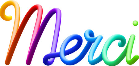 Thank you on french fluid text with dynamic curved lines made of blended colorful circles. Vector illustration.のイラスト素材