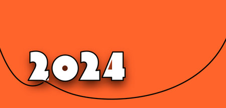 Horizontal new year orange banner with continuous one black line drawing of white paper word 2024. Vector illustration.のイラスト素材
