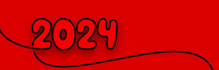 Horizontal new year red banner with continuous one black line drawing of paper word 2024. Vector illustration.のイラスト素材