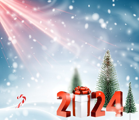 2024 New year winter snowy abstract background with 3d gift box, sunbeams and fir trees. Vector illustration.のイラスト素材