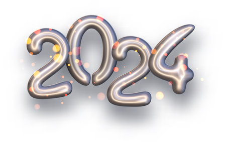 Happy New 2024 year. Golden or silver foil shiny helium balloon numbers on light grey. Realistic 3d sign for festive poster. Vector illustration.のイラスト素材