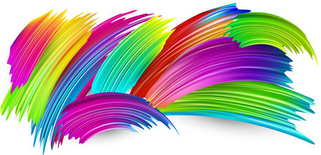 Spectrum watercolor, acrylic or gouache brush strokes drawn on white paper background. Rainbow colorful gradient brush design. Card or poster abstract template. Vector art illustration.のイラスト素材
