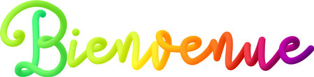 Hello on french fluid text with dynamic curved lines made of blended colorful circles. Vector illustration.のイラスト素材