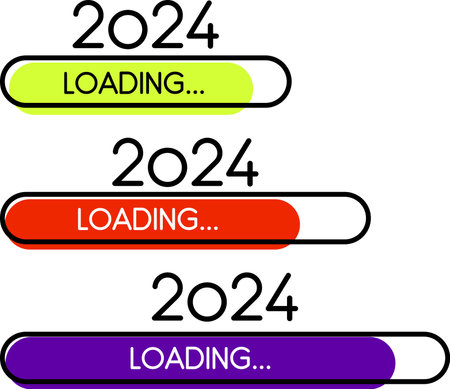 Set of New Year 2024 simple flat loading progress bars in different color variations. Vector illustration.のイラスト素材