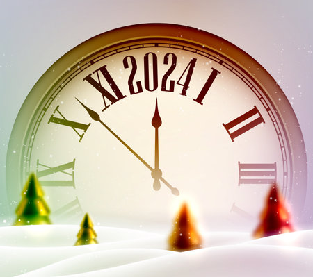New Year 2024 background with retro style clock face countdown to midnight. Shiny christmas trees with snowdrift. Vector illustration.のイラスト素材