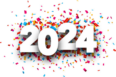 New Year 2024 paper numbers for calendar header on colorful background made of multicolored confetti. Vector illustration.のイラスト素材