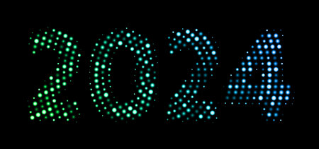 New Year 2024 gradient glitter halftone pattern on dark background made of shimmering lights. Vector...