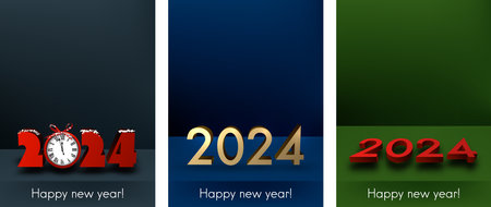 Set of colourful 3d deep cards with 3d 2024 New Year symbols. Vector illustration.のイラスト素材