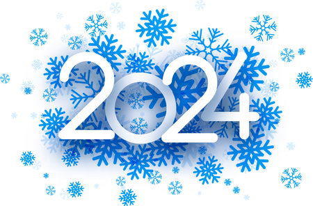 New Year 2024 white paper numbers for calendar header on scattered blue snowflakes. Vector illustration.のイラスト素材