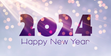 New Year 2024 color gradient background with beautiful sun rays and blurred yellow round lights. Vector illustration.のイラスト素材