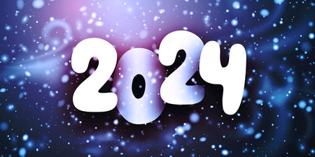 New Year 2024 background with white paper numbers with shadows on blue night snowy background. Vector illustration.のイラスト素材
