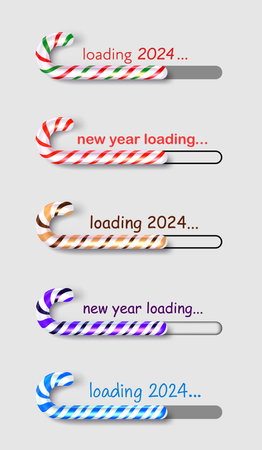 Set of loading progress bars 2024 New Year made of colorful bent curved candies on light background. Vector illustration.のイラスト素材