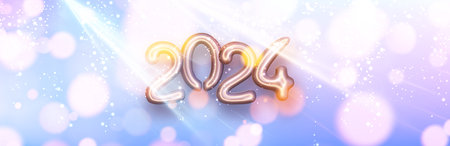 New Year 2024 numbers made of inflated balloons on color gradient horizontal winter banner with beautiful sun rays and blurred yellow round lights. Vector illustration.のイラスト素材