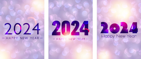 Variation of New Year 2024 vertical cards with numbers on bright purple textured background with blurred round sparkles and sun lights. Vector illustration.のイラスト素材