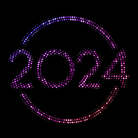 New Year 2024 gradient glitter halftone pattern on dark background made of shimmering lights. Vector...