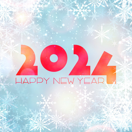 New Year 2024 numbers on blue winter background with beautiful lights and snowflakes. Vector illustration.のイラスト素材