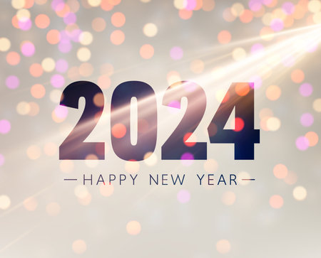 New Year 2024 color gradient background with beautiful sun rays and blurred yellow round lights. Vector illustration.のイラスト素材
